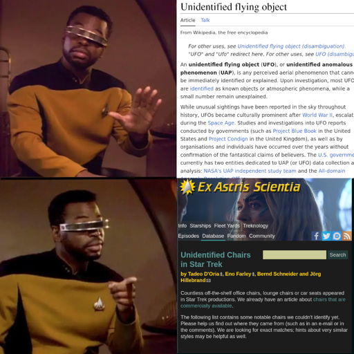 geordi drake meme format, top panel wikipedia "Unidentified flying object" article, bottom panel Ex Astris Scientia article "Unidentified Chairs in Star Trek"