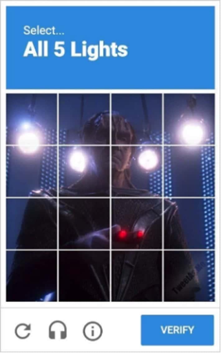 captcha screenshot with text "select all five lights" with a segmented screenshot of Star Trek TNG S06E11 "Chain of Command, Part II" showing cardassian Gul Madred (David Warner) standing in front of four lights