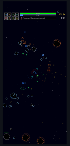 A vector spaceship floats in a starfield of asteroids in various states of fragmentation. Bullets are flying everywhere.